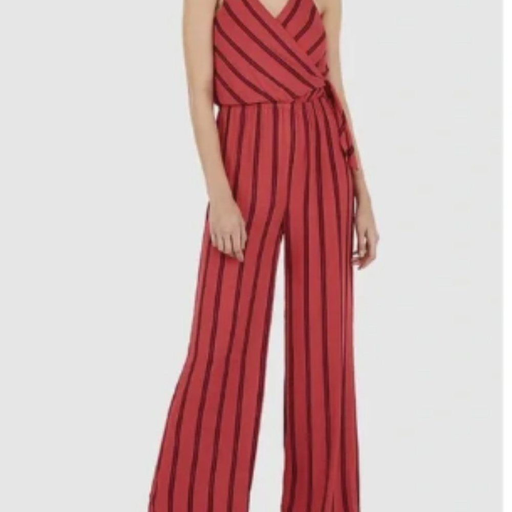 EXPRESS Striped Wrapped Front Jumpsuit Red S